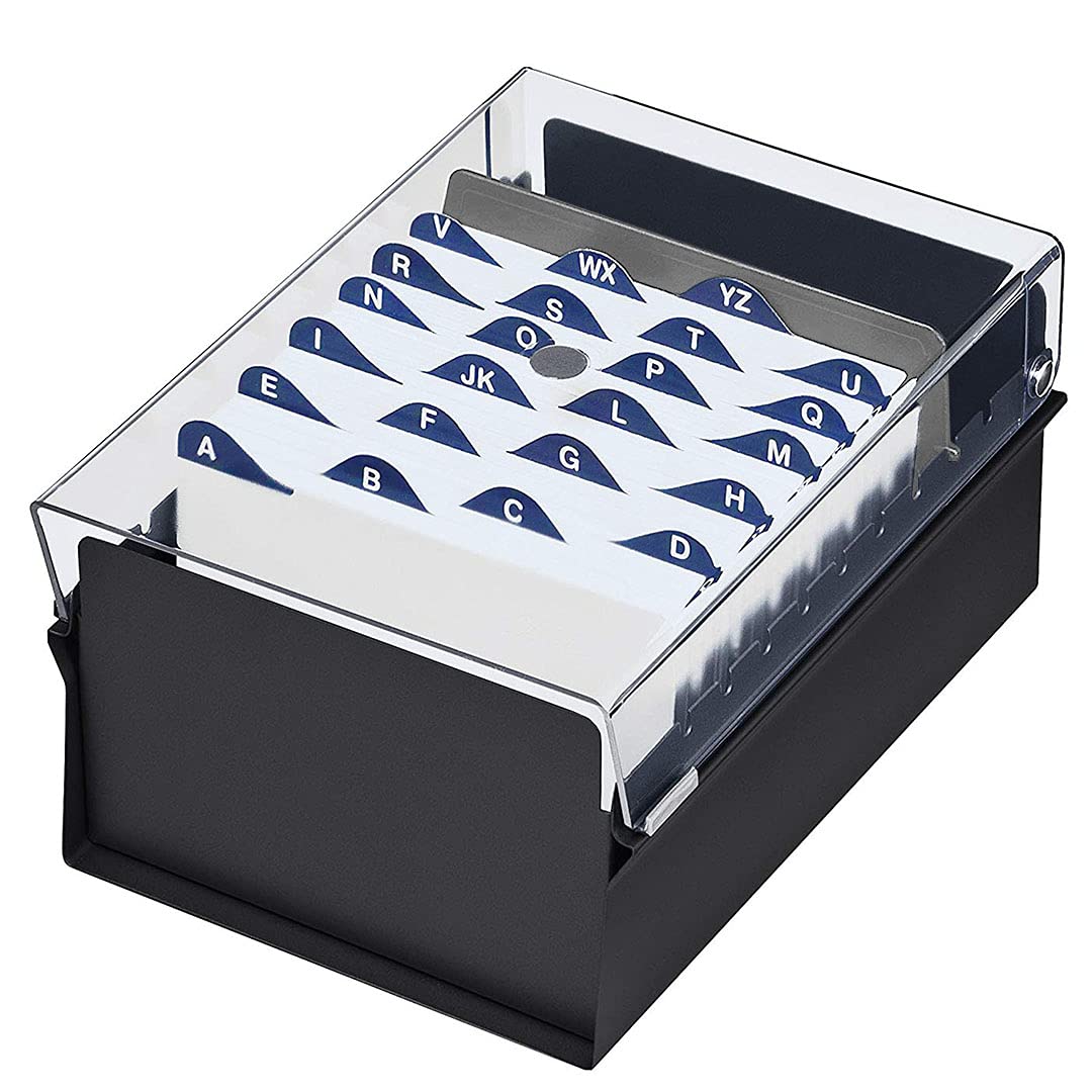Acrimet 4'' X 6'' Card File Holder Organizer Box Metal Base Heavy Duty (AZ Index Cards 155mm Width x 115mm Height and Divider Included) (Black Color with Clear Crystal Plastic Lid Cover)