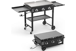 ADREAK 3 Burner Foldable Gas Griddle, 32 Inch Stainless Steel Portable Detachable Propane Griddle, 45,000 BTU Flat Top Barbecue Grill with Side Shelves for Camping