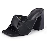 Coutgo Womens Chunky Heeled Mules Puffy Knot Square Open Toe Slip On Sandals Summer Evening Party Prom Shoes