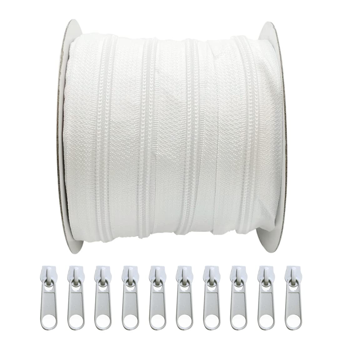 25 Meters Nylon Zipp n.5 with 10 Free Sliders, Metal Sliders for Sewing and Crafts, White Zipper Roll, (25M, 101)