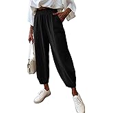 Dokotoo Womens Cotton Baggy Wide Leg Pants Casual Elastic Waisted Loose Lounge Harem Pants with Pockets