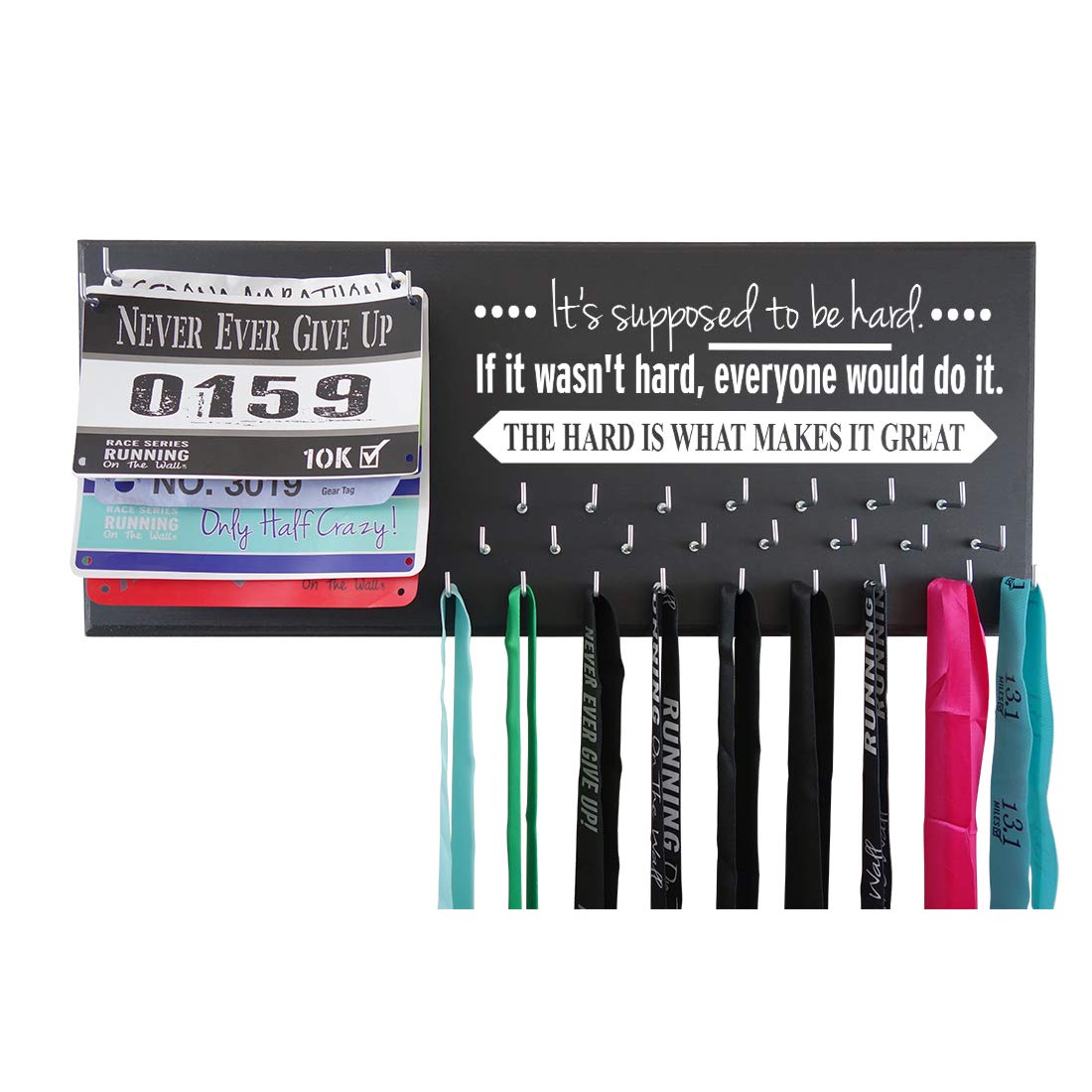 Running On The Wall - Race Bib and Medal Display - Inspirational Quote - Wall Mounted Medal Holder and Hanger for 5Ks, 10Ks, Marathons, Triathlons and More