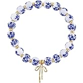 YALOJE Bow Charm Beaded Bracelet, Porcelain Bead Flower Bracelet with Gold Spacer Beads, Vintage Stretch Bracelets for Women