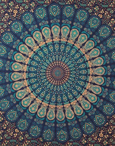 Tapestry Bazar Peacock Wing Psychedelic Mandala Wall Hanging Hippie Gypsy Boho Bohemian Beautiful Beach Throw Yoga Picnic Garden Mat Bedspread Room Decoration (Blue, 54 X 84 Inches)
