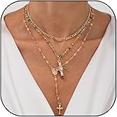 Layered Cross Lariat Necklace for Women Gold Cross Turquoise Sun Y Necklace Colorful Crystal Pearl Long Necklaces Boho Statement Jewelry Gifts