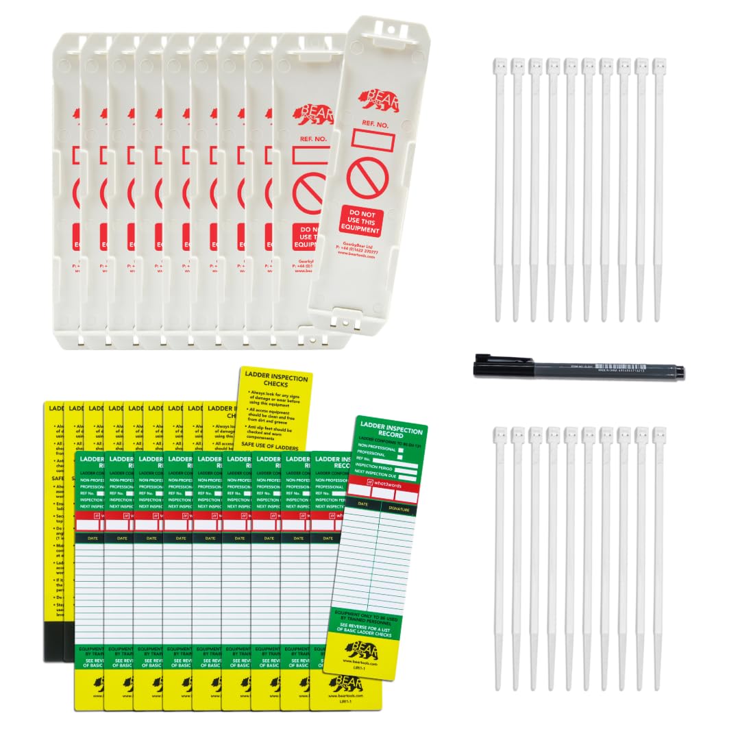 BearTOOLS® Ladder Tags | Weatherproof Inspection Record Kit | for Ladder Safety, All Step Sizes | Complete with Cable Ties (10 Holder, 20 Tags, Marker)