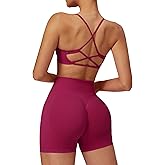 ABOCIW 2 Piece Seamless Workout Sets for Women Scoop Neck Strappy Sports Bra Scrunch Butt Lifting Gym Impact Shorts