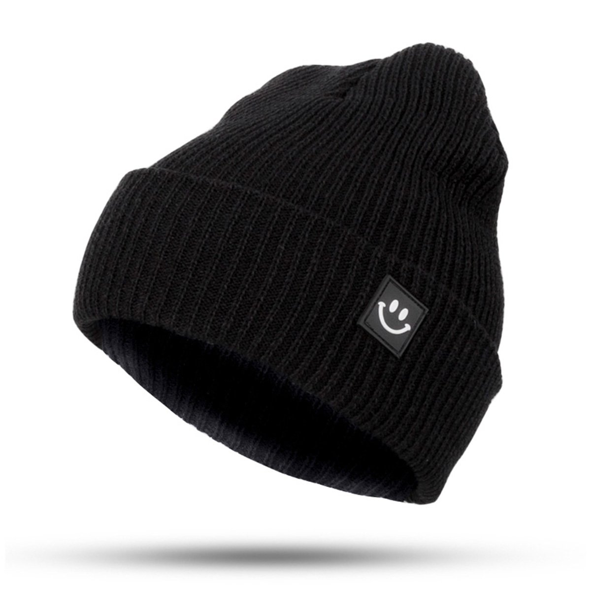 EVRFELAN Women Winter Hat Cuffed Plain Knit Beanie Cap Casual Knitted Warm Skullcap with Smile Face (Black)