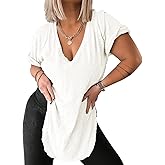 MERRIMISS Womens Deep V Neck Tops Summer Short Sleeve Oversized T Shirt Side Slit High Low Tunic Tops