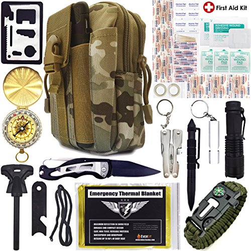 Everlit Emergency Survival Kit 40-In-1 Molle Pouch, Tactical Outdoor Gears, First Aid Supply, Survival Bracelet, Emergency Blanket, Tactical Pen, Fire Starter, Plier, for Camping, Hiking, Hunting