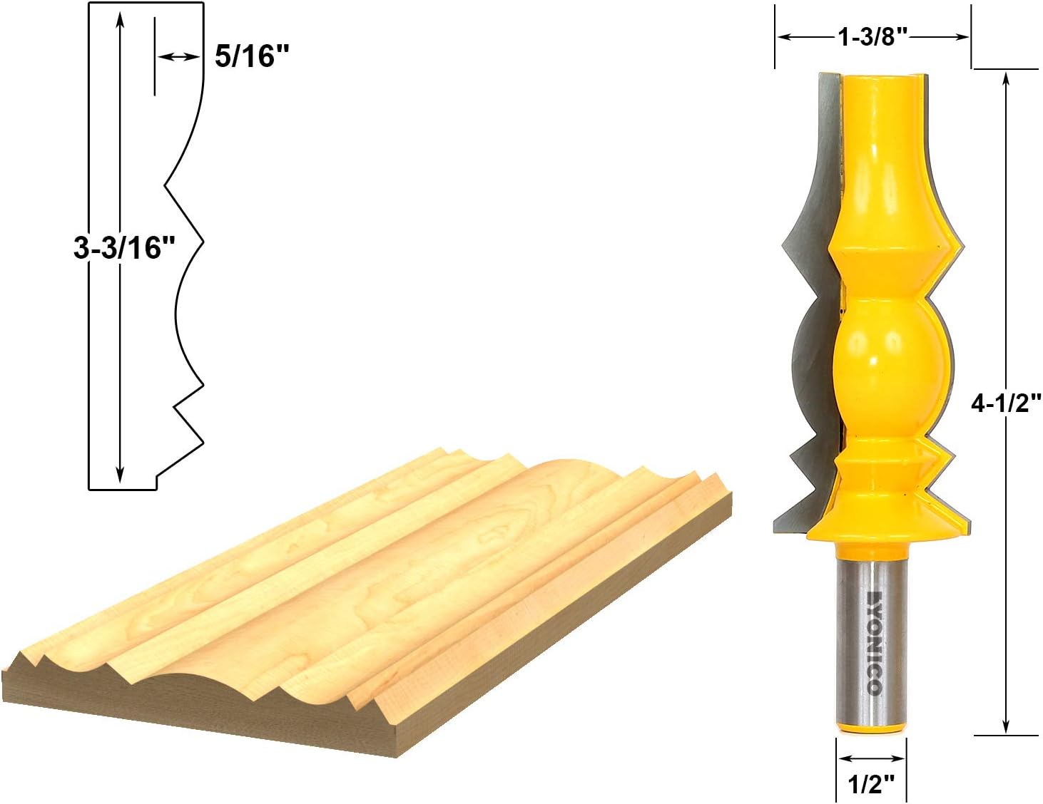 Yonico 16149 - Crown Molding Router Bit, Reversible Double Concave - Cutting Height: 3-3/16" - 1/2" Shank - Image 3