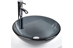 SOLIDEE Bathroom Vessel Sink, Tempered Glass Vanity Round Bowl with Chrome Faucet and Pop up drain Set, Bluish Grey