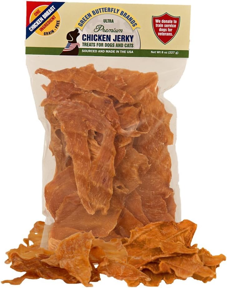 Green Butterfly Brands Chicken Jerky - Dog Treats Made in USA Only - 1 Ingredient: USDA Grade A Chicken Breast - No Additives or Preservatives - Grain Free Snack, All Natural Premium Strips, 8 Ounces