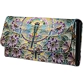 Jolamirel Dragonfly Flowers Trifold Wallet for Women Painting Dragonflies Floral Long Purse Clutch Multi Card Slot Money Manager with ID Window