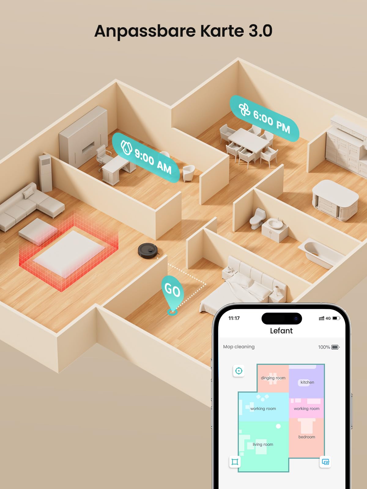 LEFANT M2S Saugroboter mit Wischfunktion, Automatische Teppicherkennung, Roboterstaubsauger mit No-Go-Zonen, 10000 Pa Starke Saugkraft für Tierhaare Teppiche, 240 Min Laufzeit, Schwarz 7