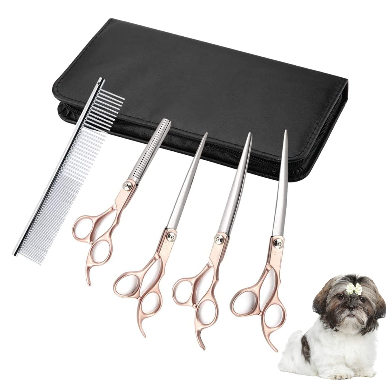 HEEPDD Pet Grooming Scissors Set, 7in Professional Stainless Steel Hairdressing Shears for Dog and Cat Trimming Thinning Comb Kit Gold Handle Pet Grooming Tools