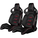BRAUM Alpha X Series Racing Seats &ndash; Black Leatherette with Red Stitching &ndash; Reclining Bucket Seats with Carbon Fiber Backing &ndash; Set of 2 (BRR5-BKRD)