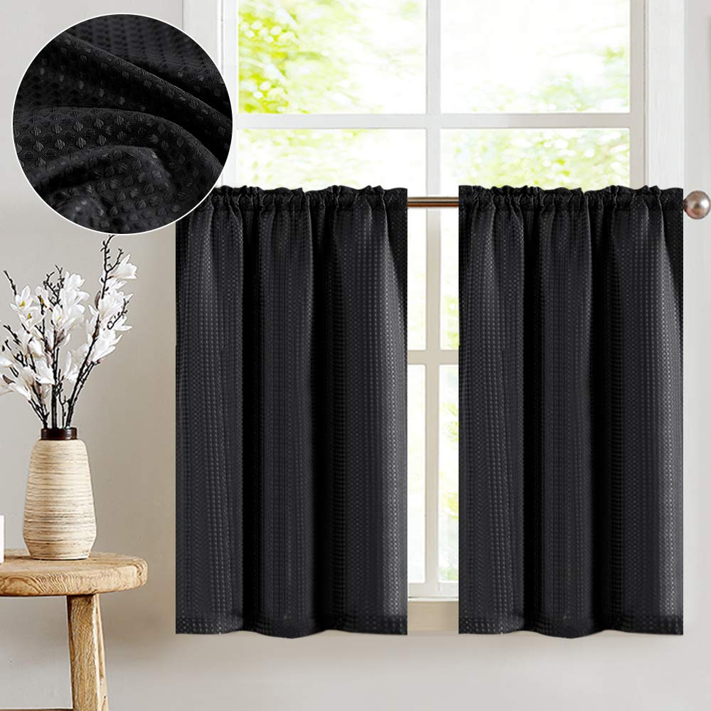 Buy Black Kitchen Curtains 36 Inch Length Waffle Weave Textured