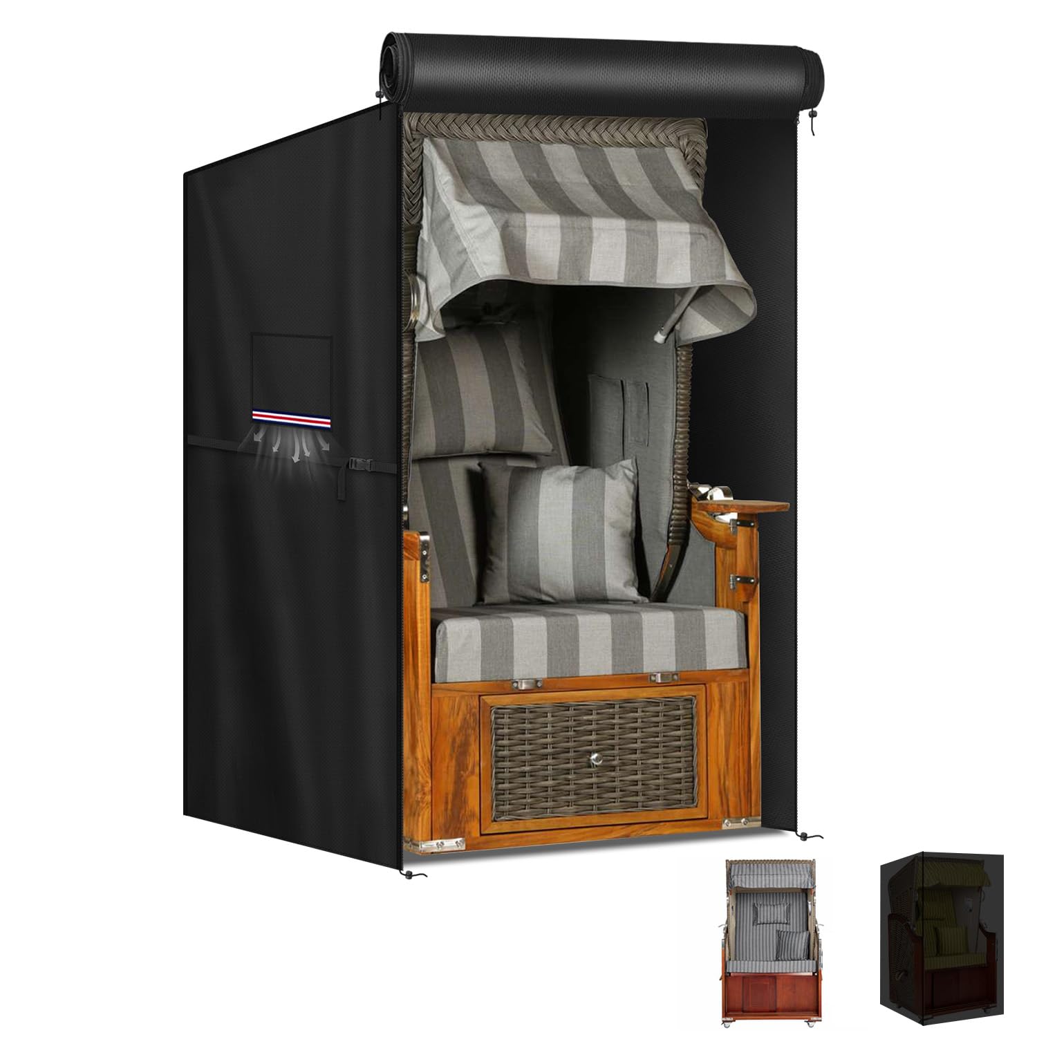 LAMUNI Beach Chair Cover Windproof Roofed Wicker Beach Chairs Covers, 420D Oxford Protective Cover for Beach Chairs Waterproof Outdoor Swinging Chair Cover with Zips and Air Vents, 100x90x155/140cm