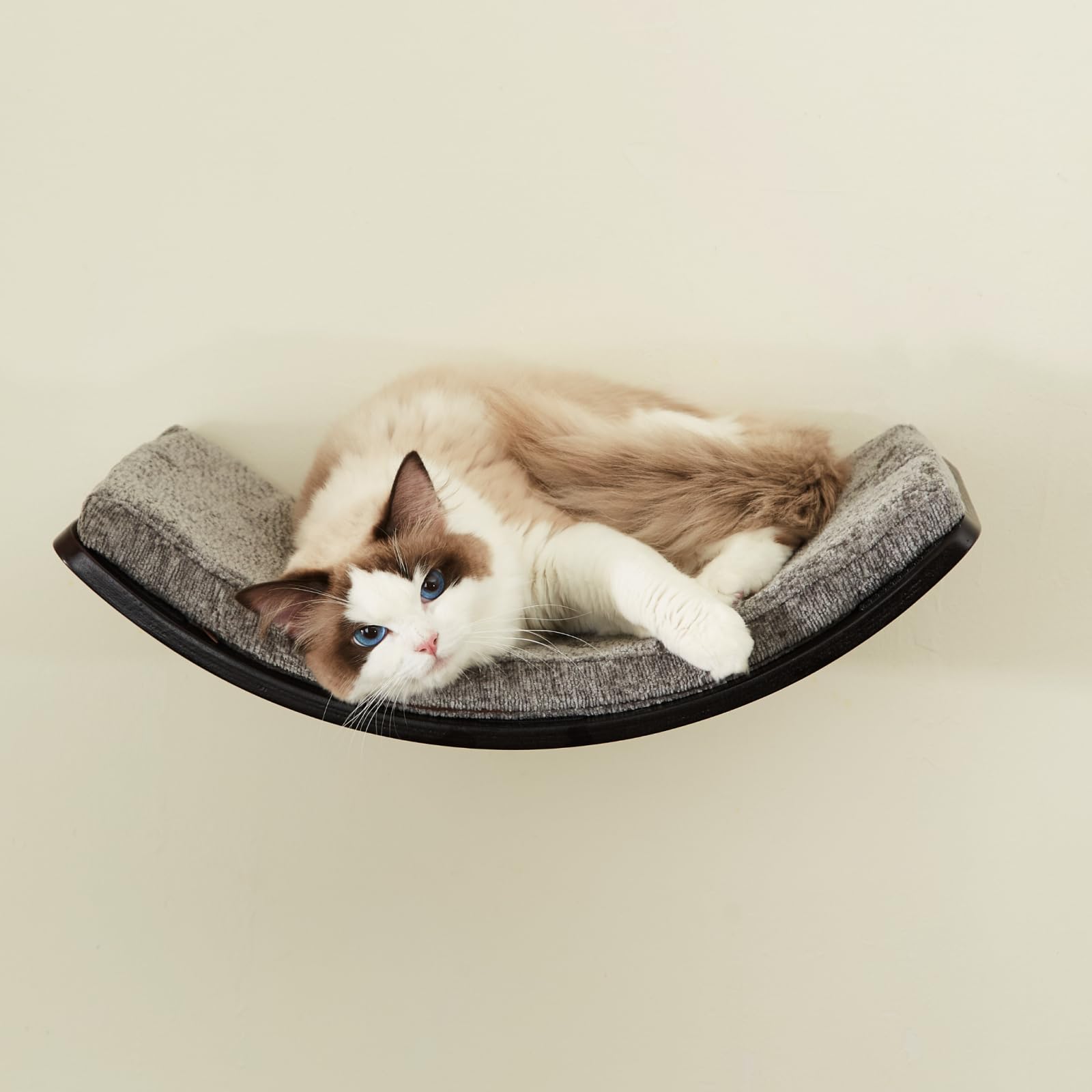 Photo 1 of LIORCE Cat Shelf with Comfortable Cushion - Curved Modern Cat Bed (Large Size) - Lotus Leaf Design Cats Wall Perch - Wall Mounted Cats Furniture for Sleeping, Playing, Climbing, and Lounging, Walnut