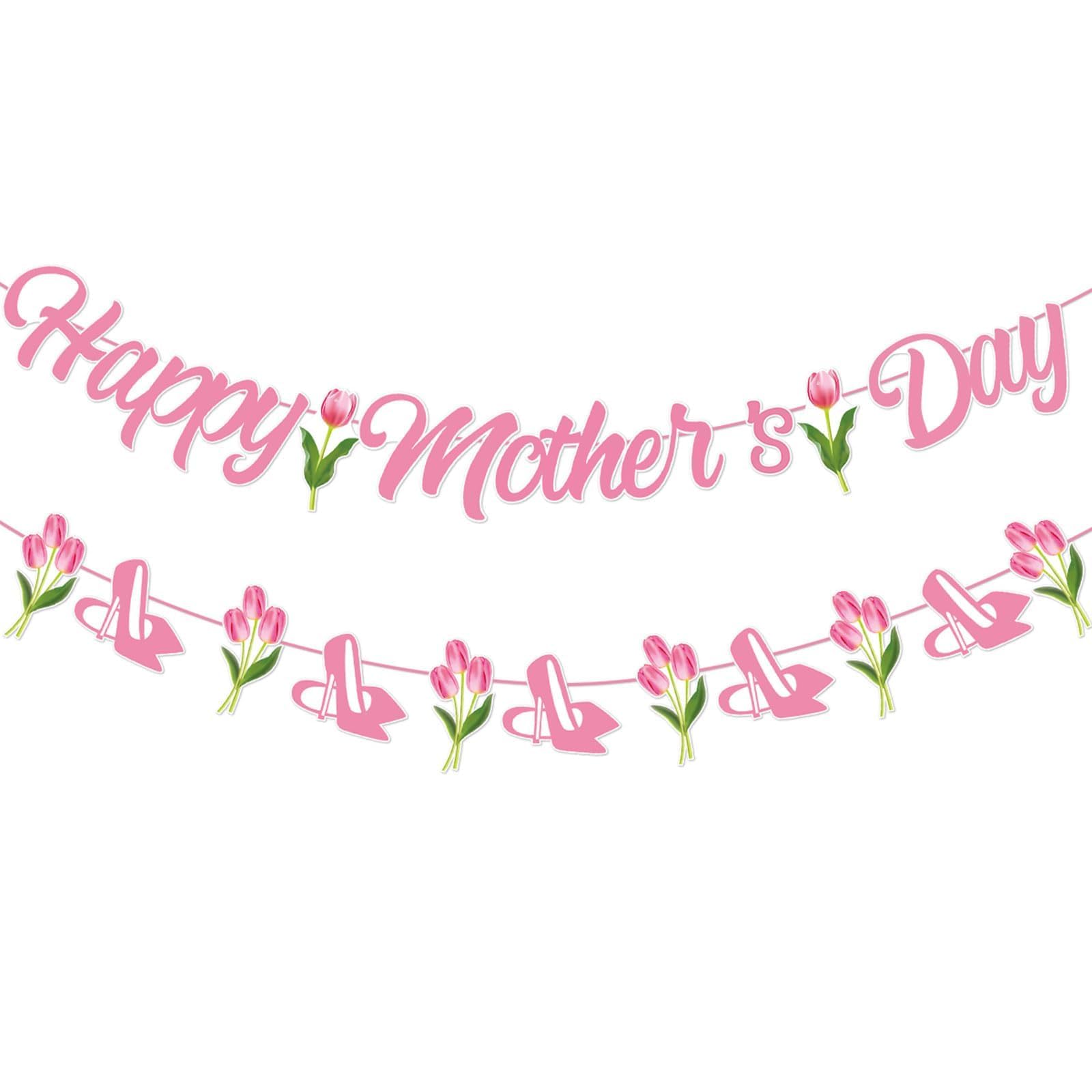 Happy Mothers Day Banner, Pink Tulip Banner Bunting, Mothers Day Decorations for Home Wall Door Indoor Outdoor, Mother's Day Party Supplies Photo Backdrop Gifts for Mom Grandma Women