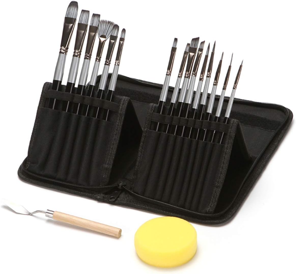 Jinxuny Art Paint Brushes Set with Spatula Sponge, 18pcs Oil Paint Brushes Pens for Acrylic Oil Watercolor Gouache Painting, Anti-Shedding Synthetic Nylon Tips Paintbrushes