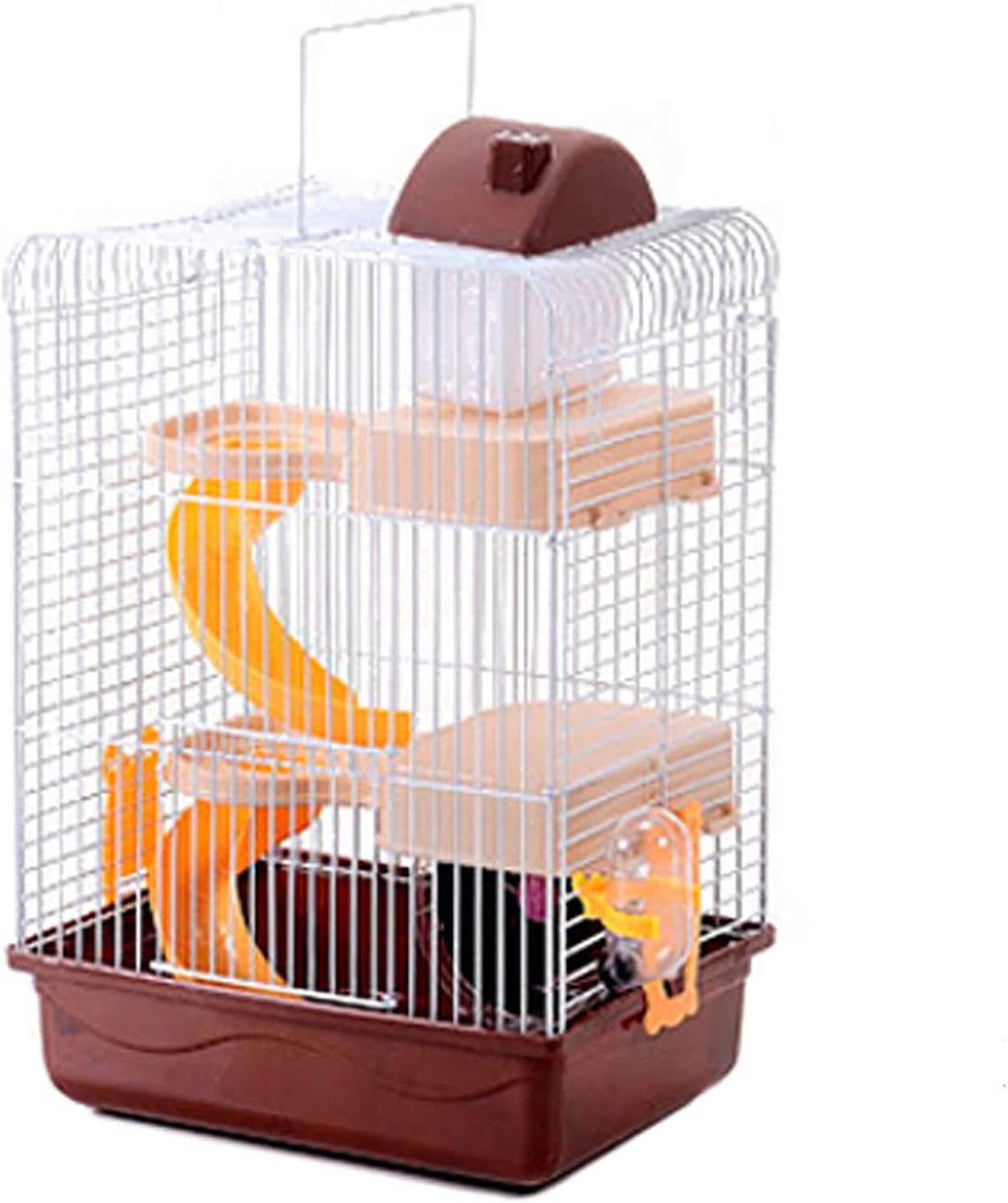 3-Tier Portable Travel Cage for Small Animals, Dwarf Hamster Travel Carrier with Carry Handle Exercise Wheel Kettle Food Dish, 10.6 x 8.2 x 17.7 Inch (Brown)