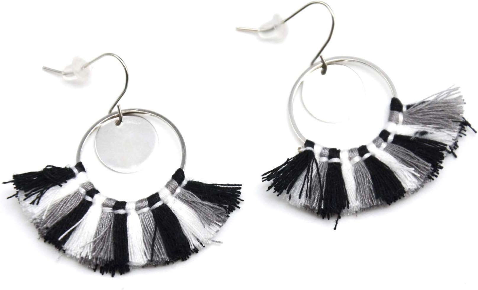 Pom Poms – Black Tri-Colour bo689e – Open Circle Dangle Earrings Silver Metal Charm