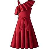 Arshiner Girls Dress One Shoulder Formal Ruffle Trim Birthday Party Dresses with Belted Pockets for 5-12 Years