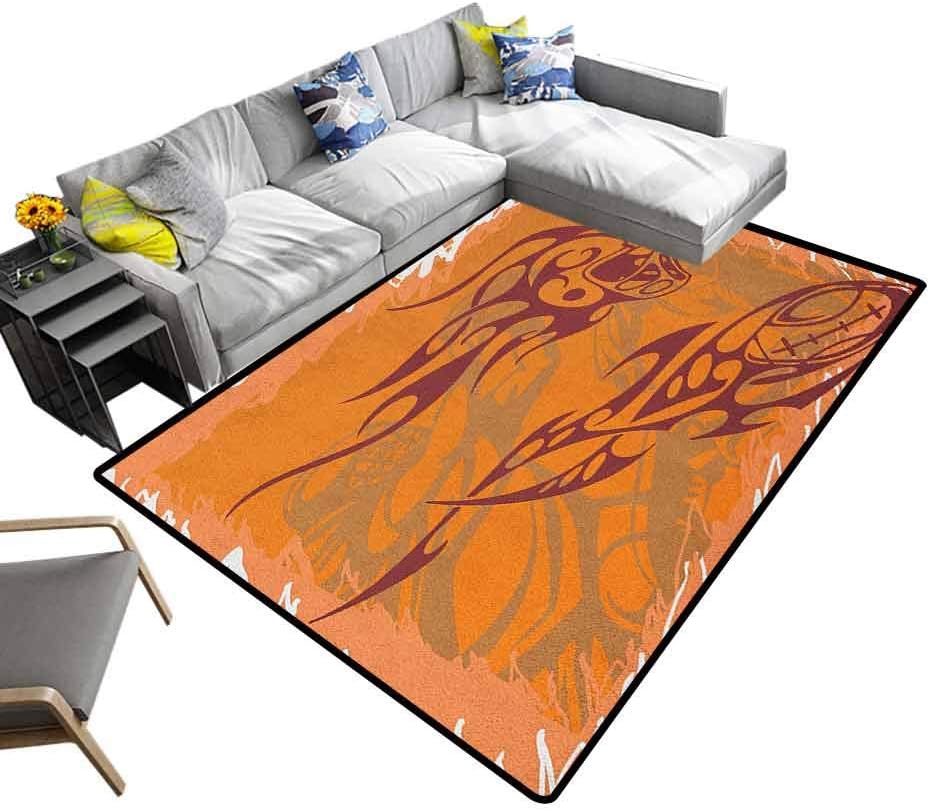 Camping Mat Sports, Non-Slip Flannel Microfiber Bath Mat Tribal Patterns Inspired Ball Distressed Motion Score Boho Players Backdrop Protect Floors Orange Brown, 4 x 4 Feet