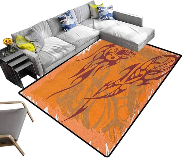 Camping Mat Sports, Non-Slip Flannel Microfiber Bath Mat Tribal Patterns Inspired Ball Distressed Motion Score Boho Players Backdrop Protect Floors Orange Brown, 4 x 4 Feet