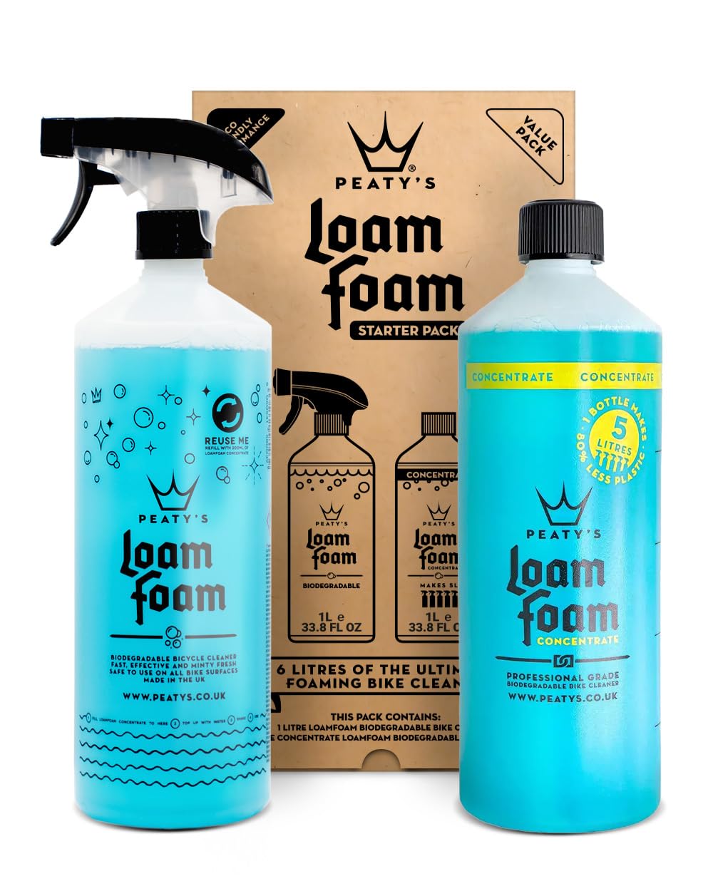 Peaty’s Loam Foam Bike Cleaning Kit - Biodegradable Foaming Bike Cleaner Starter Pack, Deep Cleaning Safe for All Surfaces & Bicycles, Loam Foam 1L & Concentrate 1L (Total 6 Litres of Bicycle Wash)