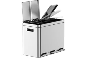 Garvee 3-Compartment Stainless Steel Trash Can, 3 x 4 Gal (3 x 15L) Recycling Bin with Soft-Close Lid & Foot Pedal, Includes 