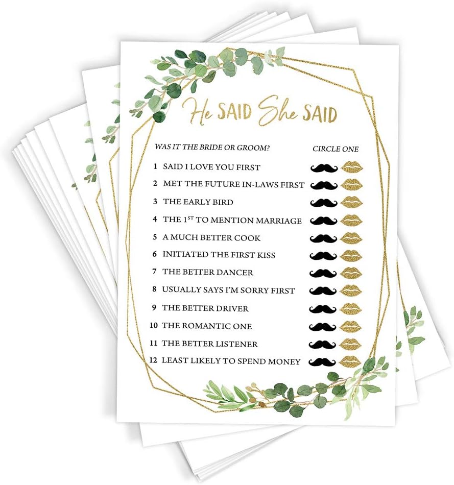 He Said She Said Bridal Shower Game, Set of 50 Cards, Gold Greenery Activity, Fun, Unique and Easy to Play