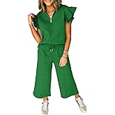 SHEWIN 2 Piece Sets Outfits for Women V Neck Collared Ruffle Short Sleeve Polo Shirts Quarter Zip Pullover Tops Lounge Set