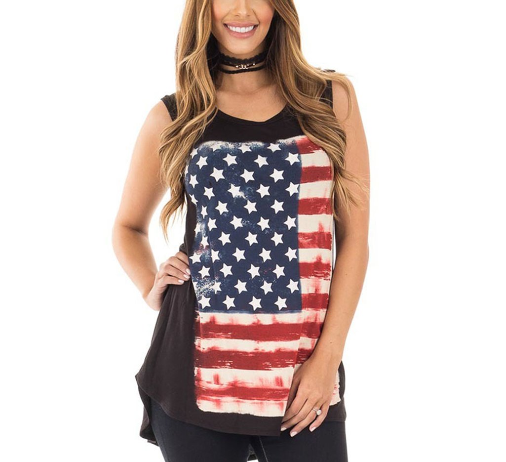 Mycherish Women Striped Tshirt American Flag Printed Sleeveless Tee Tank Tops Large