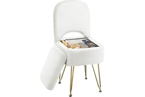 GREENSTELL Small Vanity Stool Chair with Storage and Folding Back, 13.4" x 15" x 30" Square Faux Fur Soft Ottoman, 4 Metal Legs with Anti-Slip Feet, Furry Padded Seat for Makeup, Bedroom, White