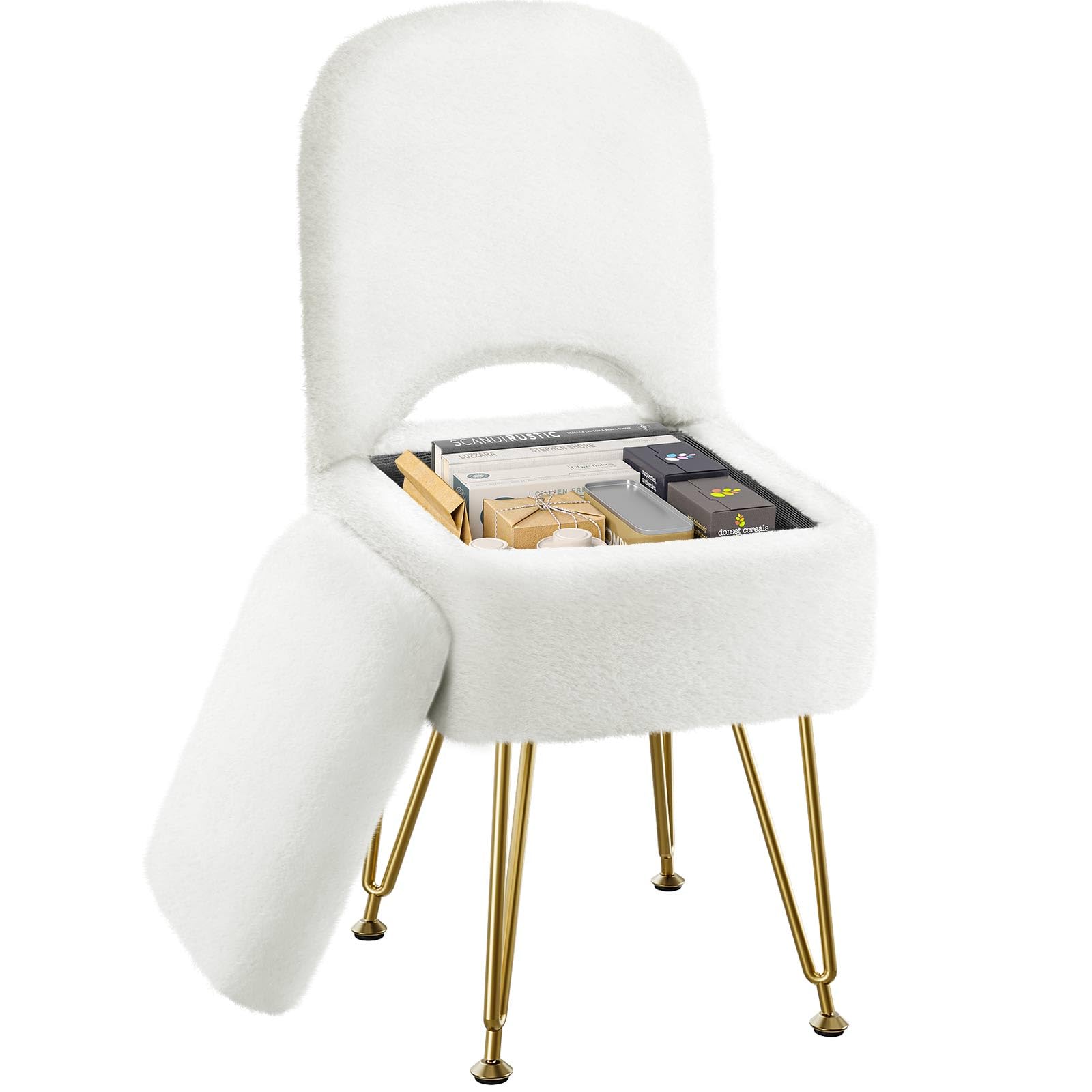 Photo 1 of GREENSTELL Vanity Stool Chair with Storage and Folding Back, 13.4" x 15" x 30" Square Faux Fur Soft Ottoman, 4 Metal Legs with Anti-Slip Feet, Furry Padded Seat for Makeup, Bedroom, White