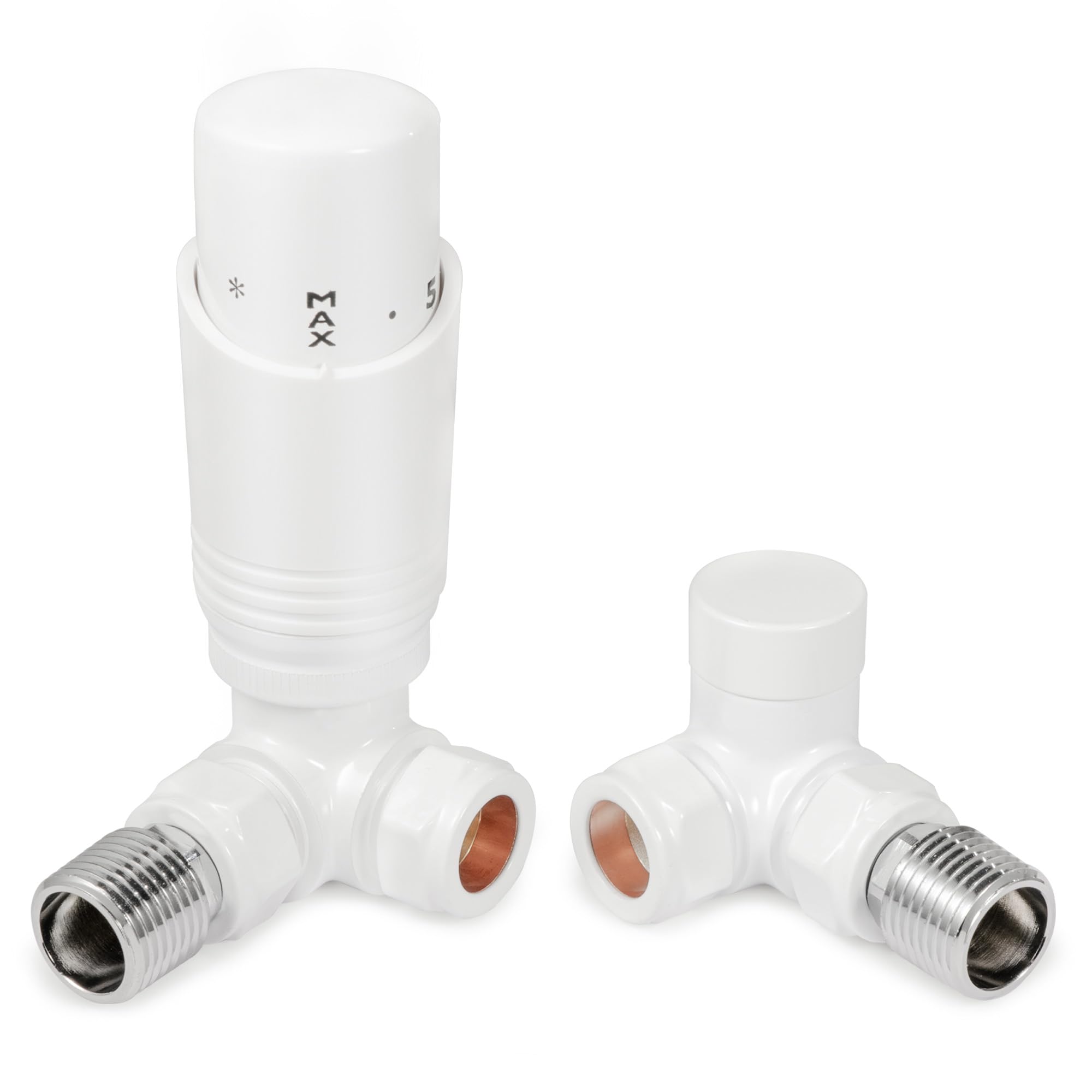 VANCOCO Glossy White Thermostatic Radiator Valves 15mm (TRV) with Lockshield, 1/2"×15mm Corner Radiator Thermostat Valve, H62 Brass, Energy Saving Modern TRV for Central Heating Syetem