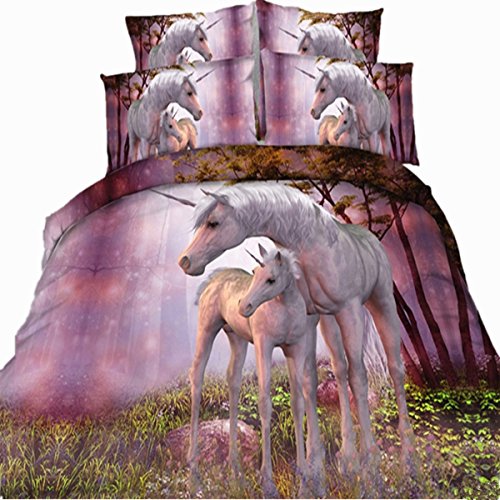 Two Cute Unicorn 3D Print Bedding Purple Modal Fabric 4-Piece Duvet Cover Set 1 Duvet Cover 1 Flat Sheet 2 Pillow Sham,Full Size