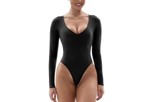 SHAPERX Bodysuit for Women V Neck Long Sleeve Body Suit Super Soft Body-Hugging Tops
