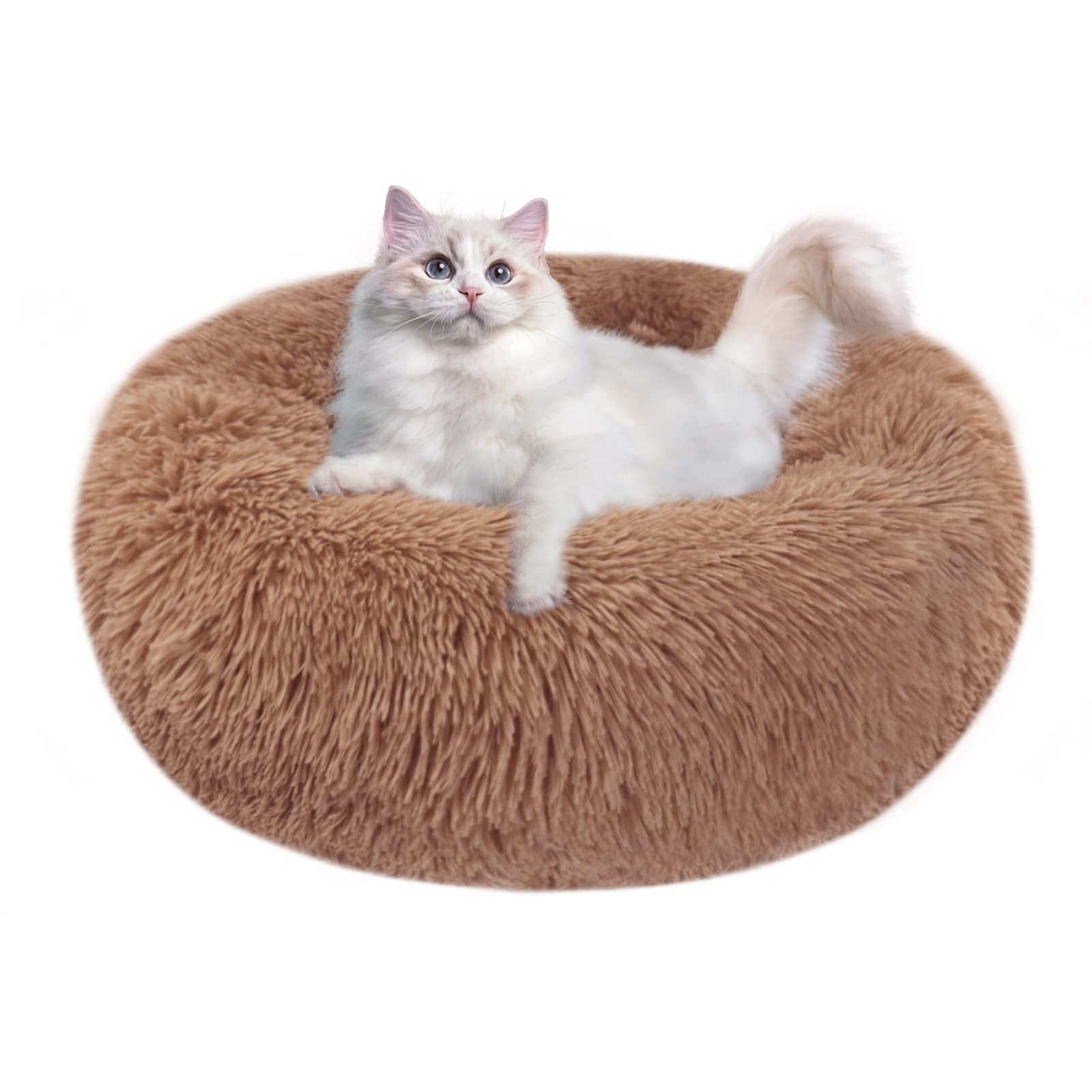 Nepfaivy Calming Dog Cat Donut Bed - 19.7in Fluffy Plush Puppy Kitten Cuddler Round Bed, Warm and Soft Pet Cosy Anti Anxiety Beds with Non-Slip Bottom and Washable (M-50CM, Coffee) — image 1