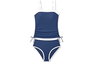 Queenstyle Teen Girls Tankini Swimsuit 2 Piece Bathing Suit Color-Block Drawstring Girls' Swimwear for 9-16 Years