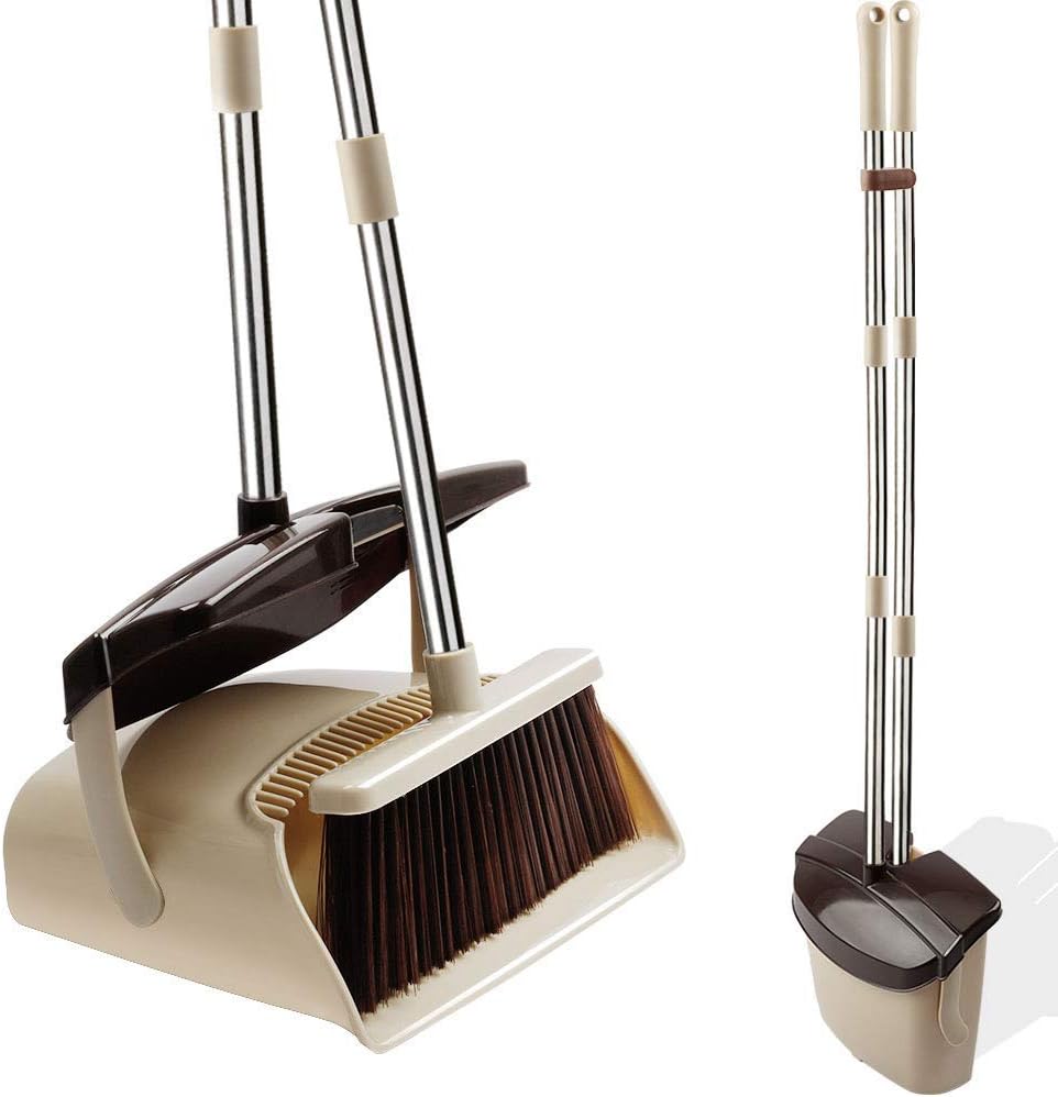 Broom and Dustpan Set with Lid, Stainless Steel Long Handle and Light Weight Lobby Broom Combo, Upright Dust Pan Ideal for Home, Kitchen, Room, Office Use by QJQBMAI(Coffee)