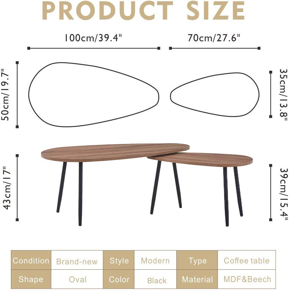 GOLDFAN Triangle Coffee Table Set Nest of 2 Tables Modern Sofa Coffee Side Table Black Metal Table Legs for Living Room Walnut - Image 3