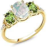 Gem Stone King 2.04 Cttw 10K Yellow Gold Oval Cabochon White Simulated Opal Green Peridot and Accent Diamond 3-Stone Engagement Ring For Women | 3 Stone Wedding Anniversary Ring