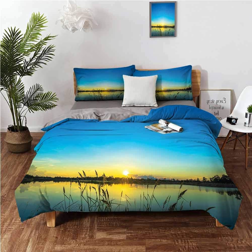 Lake Comforter Bedding Cover, Sun Rising in Blue Sky Quiet Outdoors with Reed Bed