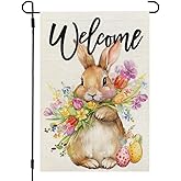 CROWNED BEAUTY Easter Bunny Garden Flag 12x18 Inch Double Sided for Outside Small Burlap Holiday Floral Welcome Yard Flag CF1802-12