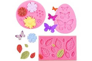 MANJIAMEI Flower Leaf Butterfly Silicone Molds, 3 Pcs Pink Daisy Butterflies Leaves Fondant Mold for Cake Decorating, DIY Cho