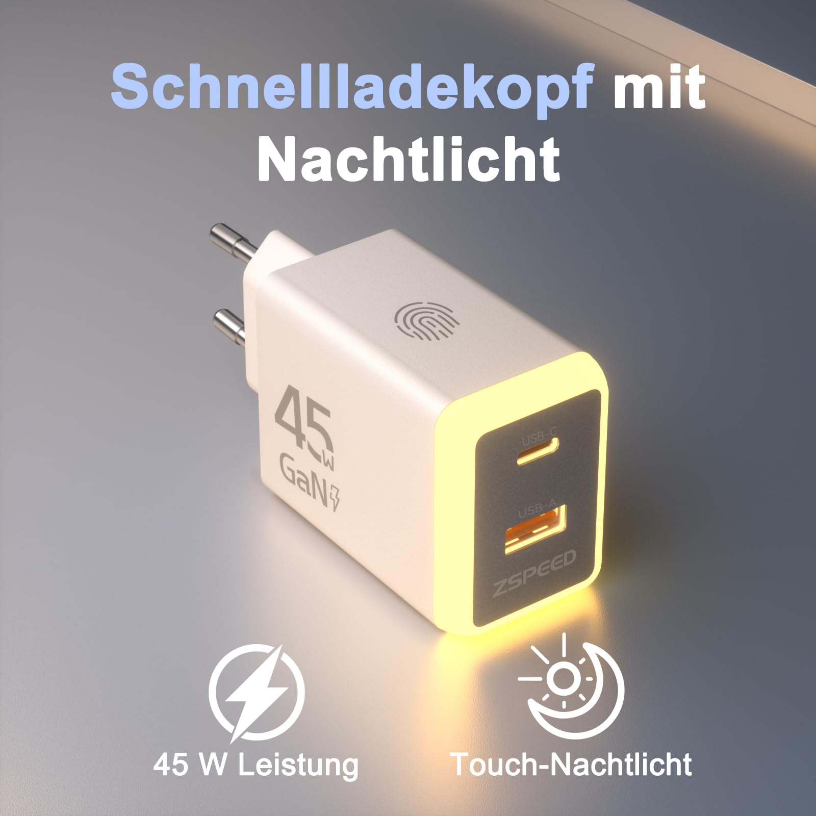 45W USB C Ladegerät mit Nachtlicht, 2-Port GaN Schnellladegerät (USB-C + USB-A), Touch-Schalter, kompakter Wandstecker für Schlafzimmer, Hotel und Reise, kompatibel mit iPhone, iPad, Galaxy 2